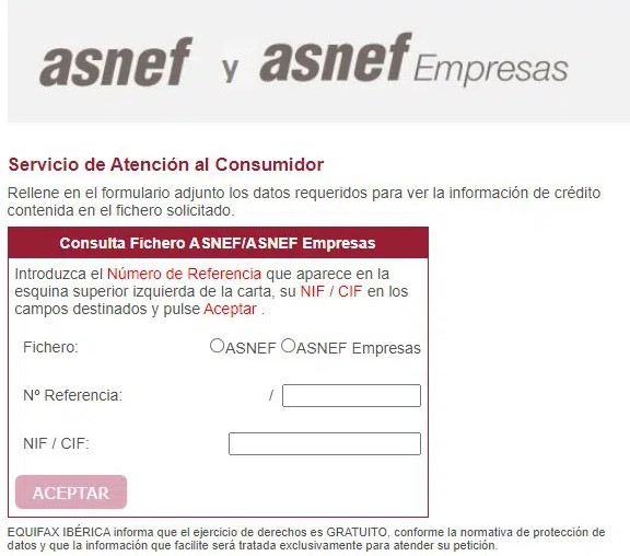 Formulario para consultar ASNEF online